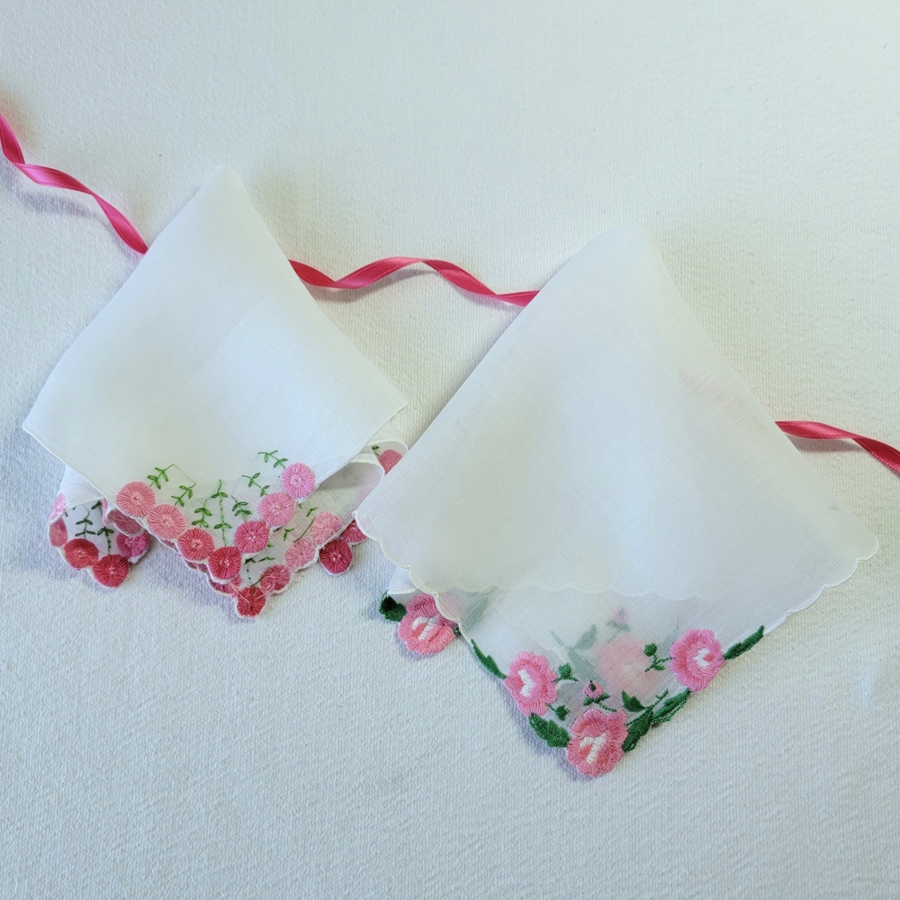 2 Floral Embroidered Handkerchiefs, Pink Flowers, Scalloped Border